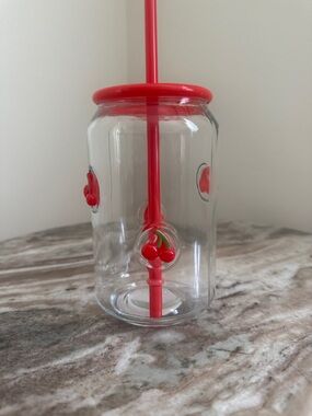 Viral 16 oz Red Cherry Glass Tumbler with Lid and Straw